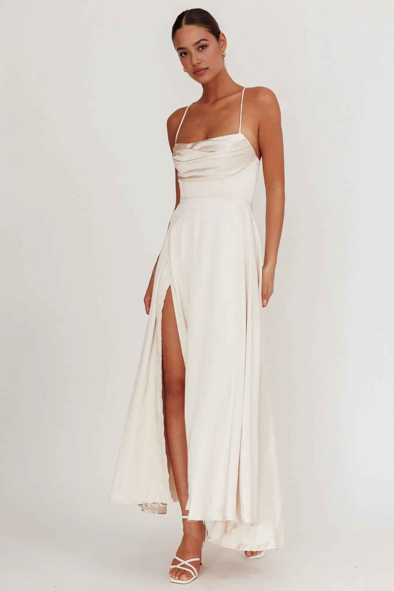 A-Line Cowl-Neck Spaghetti-Strap Satin Floor-Length High-Slit Formal Bridesmaids Dress