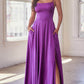 A-Line Square Neck Satin Maxi Evening Dress With Lace-Up Back And Slit