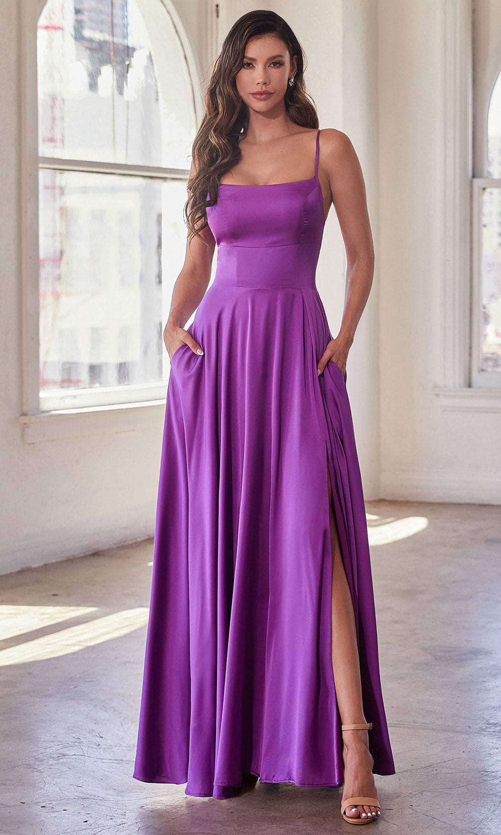 A-Line Square Neck Satin Maxi Evening Dress With Lace-Up Back And Slit