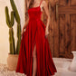 A-Line Square Neck Satin Maxi Evening Dress With Lace-Up Back And Slit