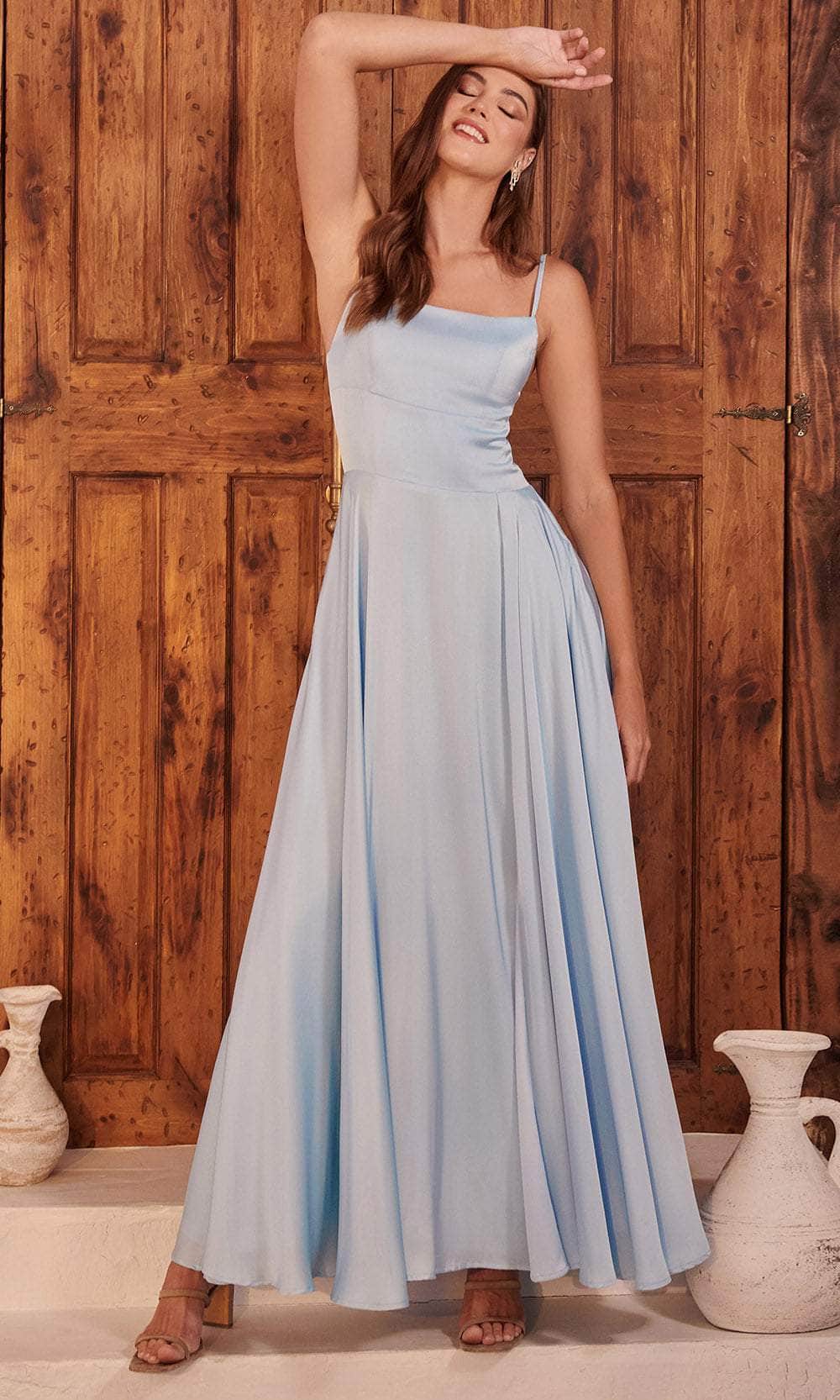 A-Line Square Neck Satin Maxi Evening Dress With Lace-Up Back And Slit