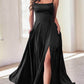 A-Line Square Neck Satin Maxi Evening Dress With Lace-Up Back And Slit
