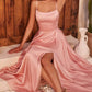 A-Line Square Neck Satin Maxi Evening Dress With Lace-Up Back And Slit