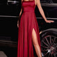A-Line Square Neck Satin Maxi Evening Dress With Lace-Up Back And Slit
