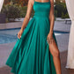 A-Line Square Neck Satin Maxi Evening Dress With Lace-Up Back And Slit