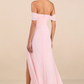 A-Line Straight Neck Off Shoulder Chiffon Floor Length Slit Bridesmaids Dress