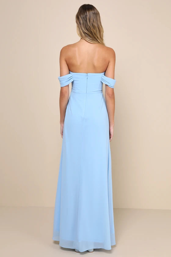 A-Line Straight Neck Off Shoulder Chiffon Floor Length Slit Bridesmaids Dress