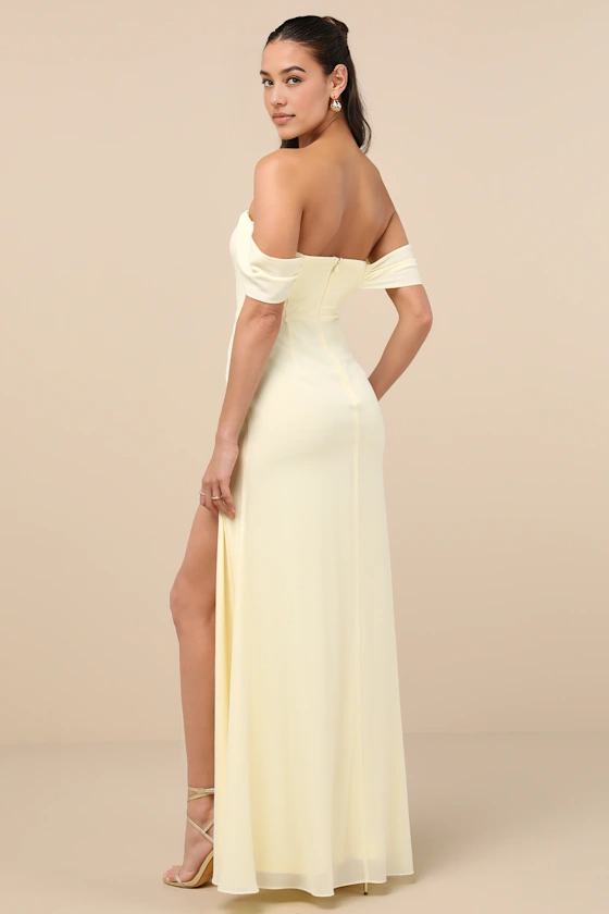 A-Line Straight Neck Off Shoulder Chiffon Floor Length Slit Bridesmaids Dress