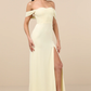 A-Line Straight Neck Off Shoulder Chiffon Floor Length Slit Bridesmaids Dress