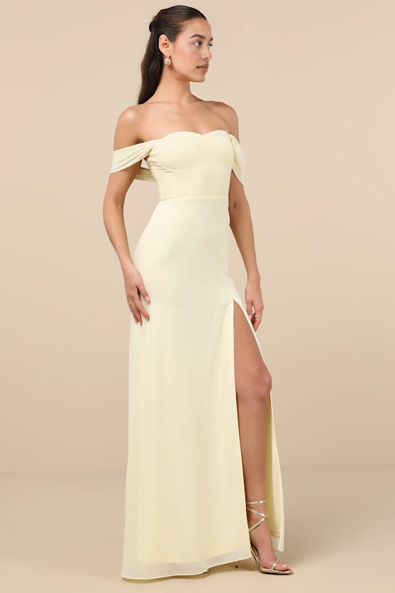 A-Line Straight Neck Off Shoulder Chiffon Floor Length Slit Bridesmaids Dress