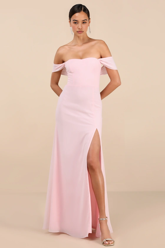 A-Line Straight Neck Off Shoulder Chiffon Floor Length Slit Bridesmaids Dress