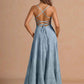 A-Line Straight-Neck Spaghetti-Strap Jacquard Floor-Length Lace-Up-Back Prom Dress