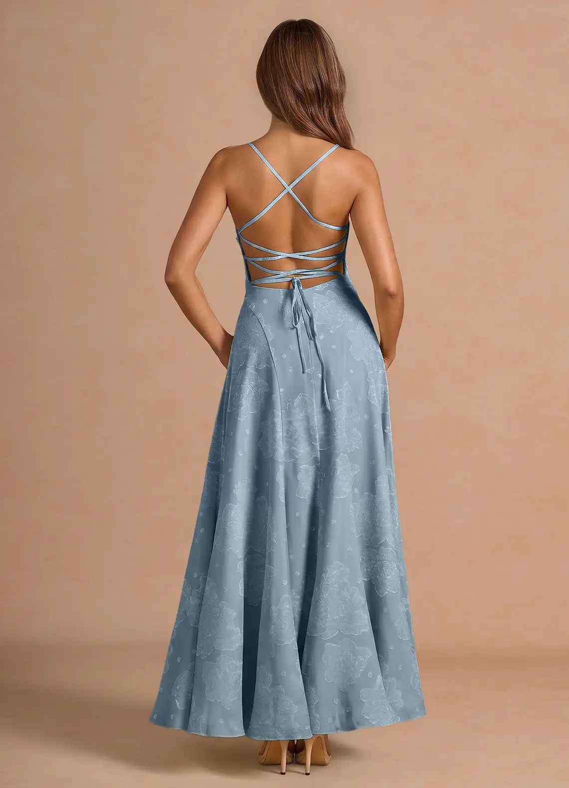 A-Line Straight-Neck Spaghetti-Strap Jacquard Floor-Length Lace-Up-Back Prom Dress