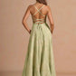 A-Line Straight-Neck Spaghetti-Strap Jacquard Floor-Length Lace-Up-Back Prom Dress
