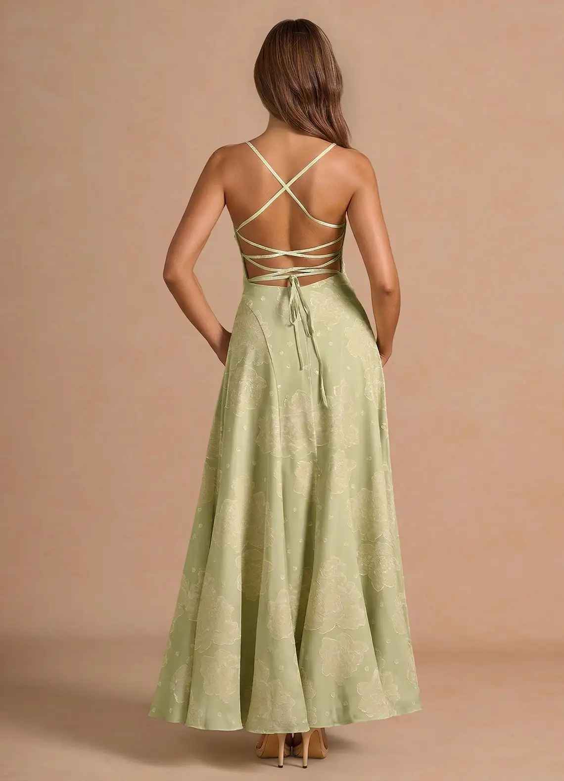 A-Line Straight-Neck Spaghetti-Strap Jacquard Floor-Length Lace-Up-Back Prom Dress