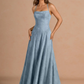 A-Line Straight-Neck Spaghetti-Strap Jacquard Floor-Length Lace-Up-Back Prom Dress