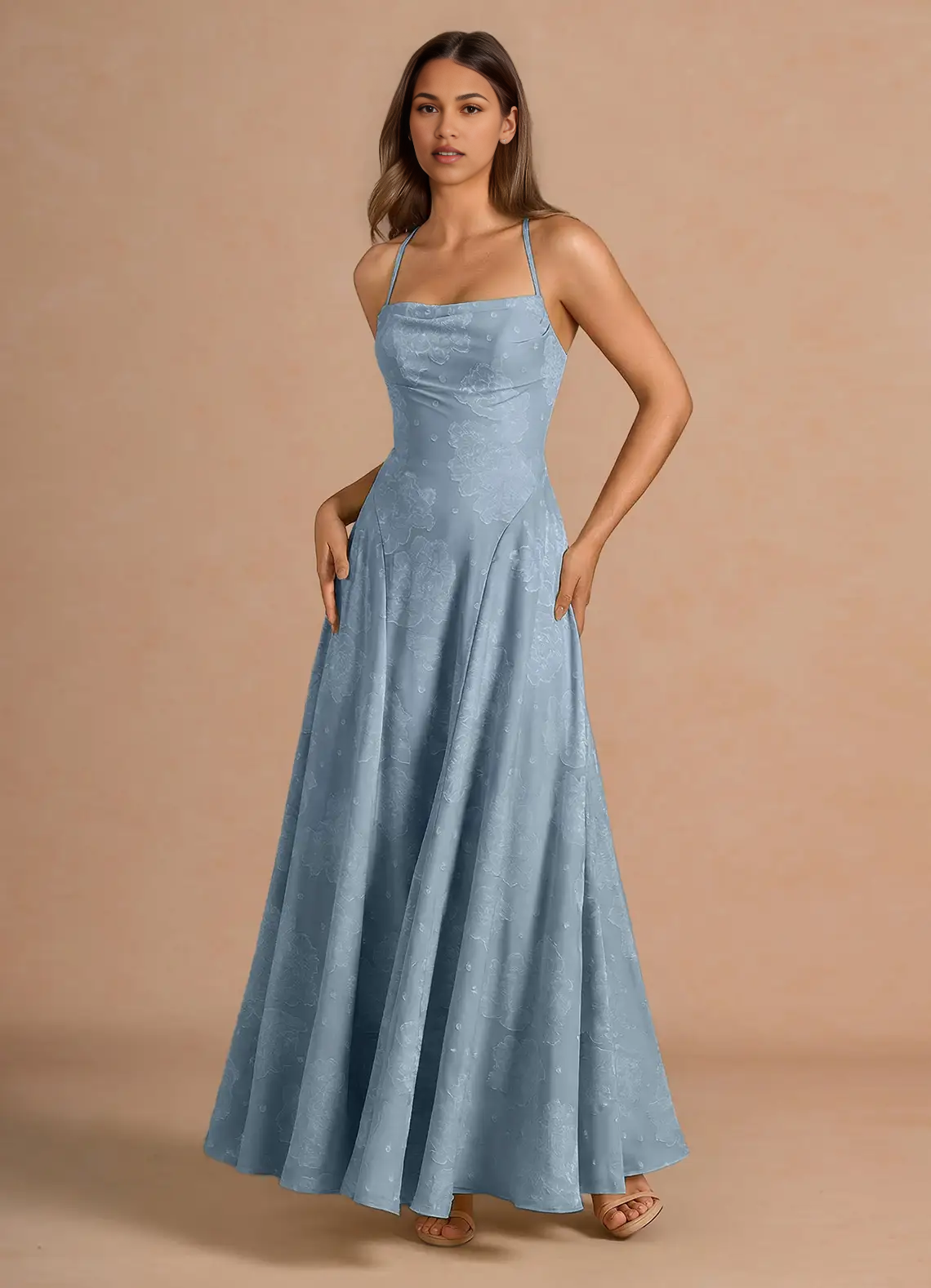 A-Line Straight-Neck Spaghetti-Strap Jacquard Floor-Length Lace-Up-Back Prom Dress