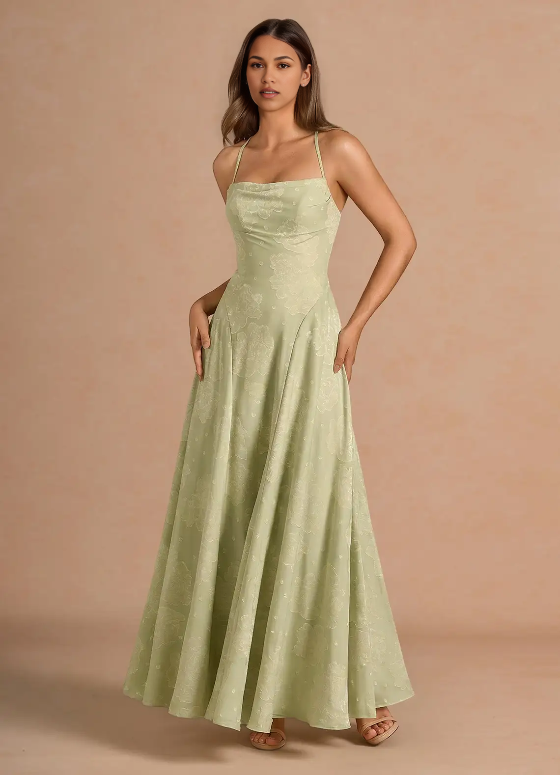 A-Line Straight-Neck Spaghetti-Strap Jacquard Floor-Length Lace-Up-Back Prom Dress