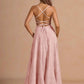 A-Line Straight-Neck Spaghetti-Strap Jacquard Floor-Length Lace-Up-Back Prom Dress