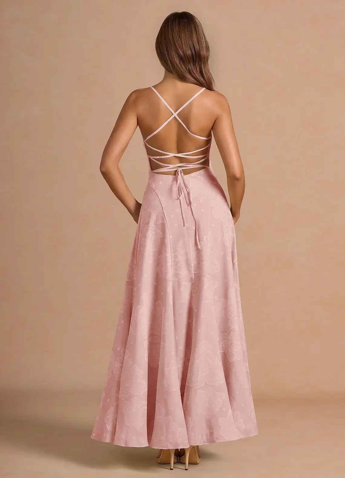 A-Line Straight-Neck Spaghetti-Strap Jacquard Floor-Length Lace-Up-Back Prom Dress