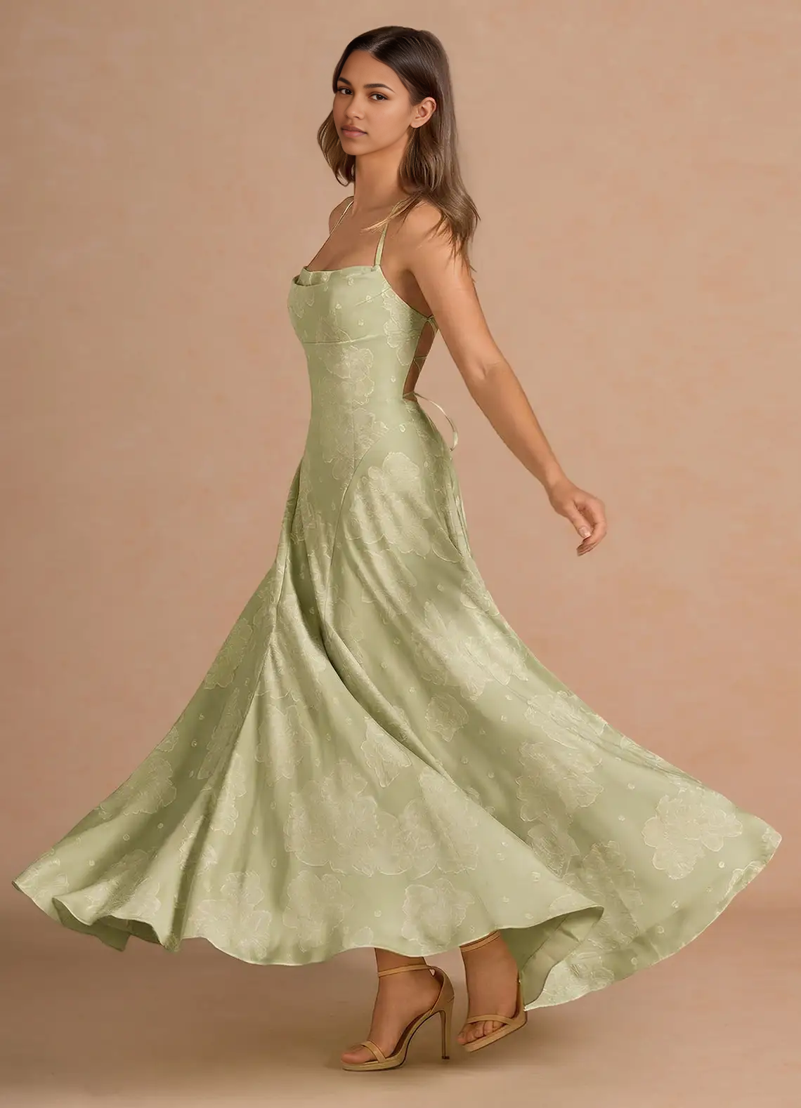 A-Line Straight-Neck Spaghetti-Strap Jacquard Floor-Length Lace-Up-Back Prom Dress