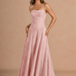 A-Line Straight-Neck Spaghetti-Strap Jacquard Floor-Length Lace-Up-Back Prom Dress