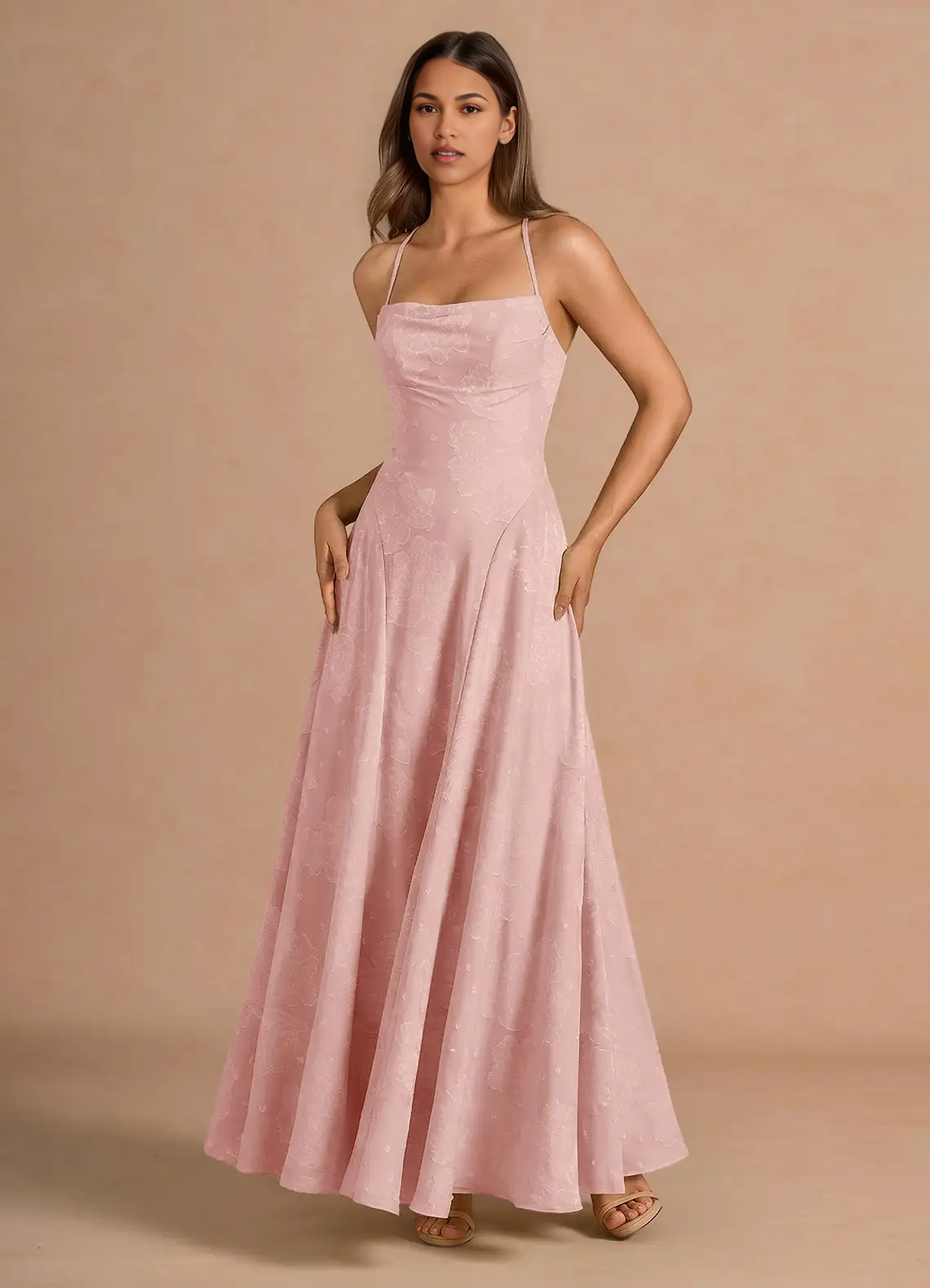A-Line Straight-Neck Spaghetti-Strap Jacquard Floor-Length Lace-Up-Back Prom Dress