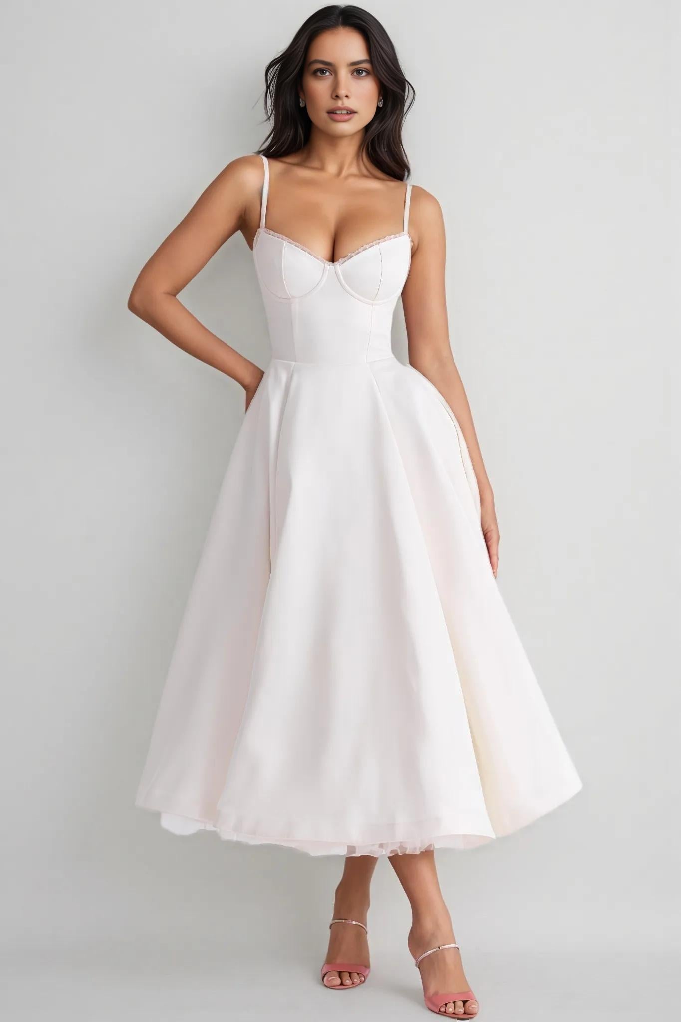 A-Line Sweetheart Neck Satin Midi Evening Dress With Tulle