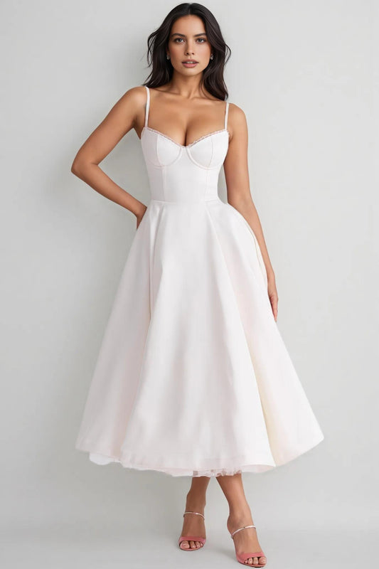 A-Line Sweetheart Neck Satin Midi Evening Dress With Tulle