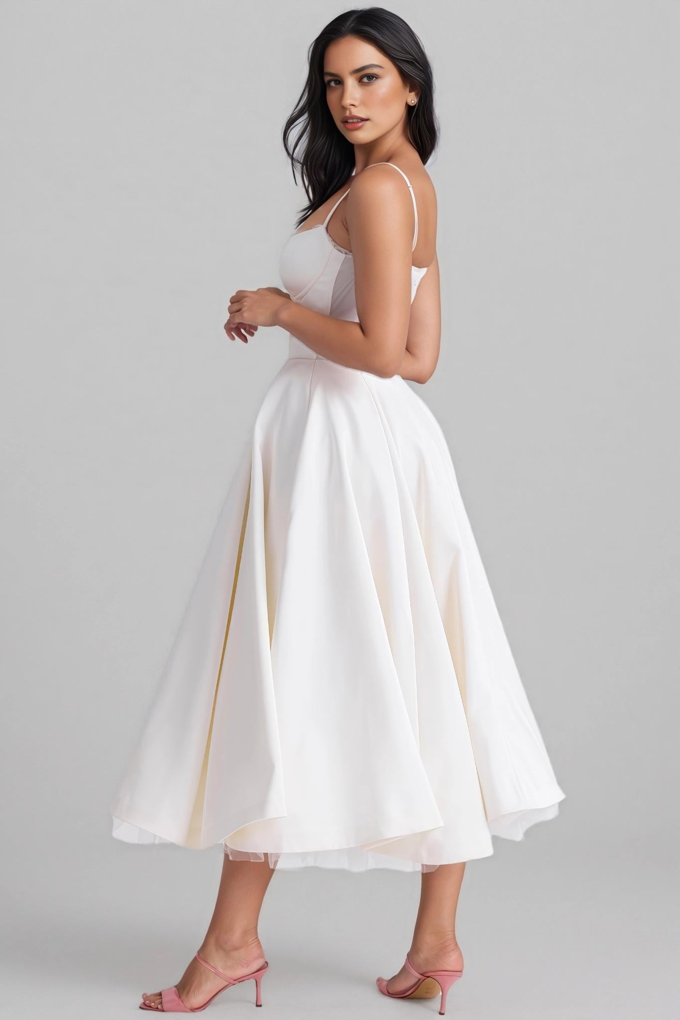 A-Line Sweetheart Neck Satin Midi Evening Dress With Tulle