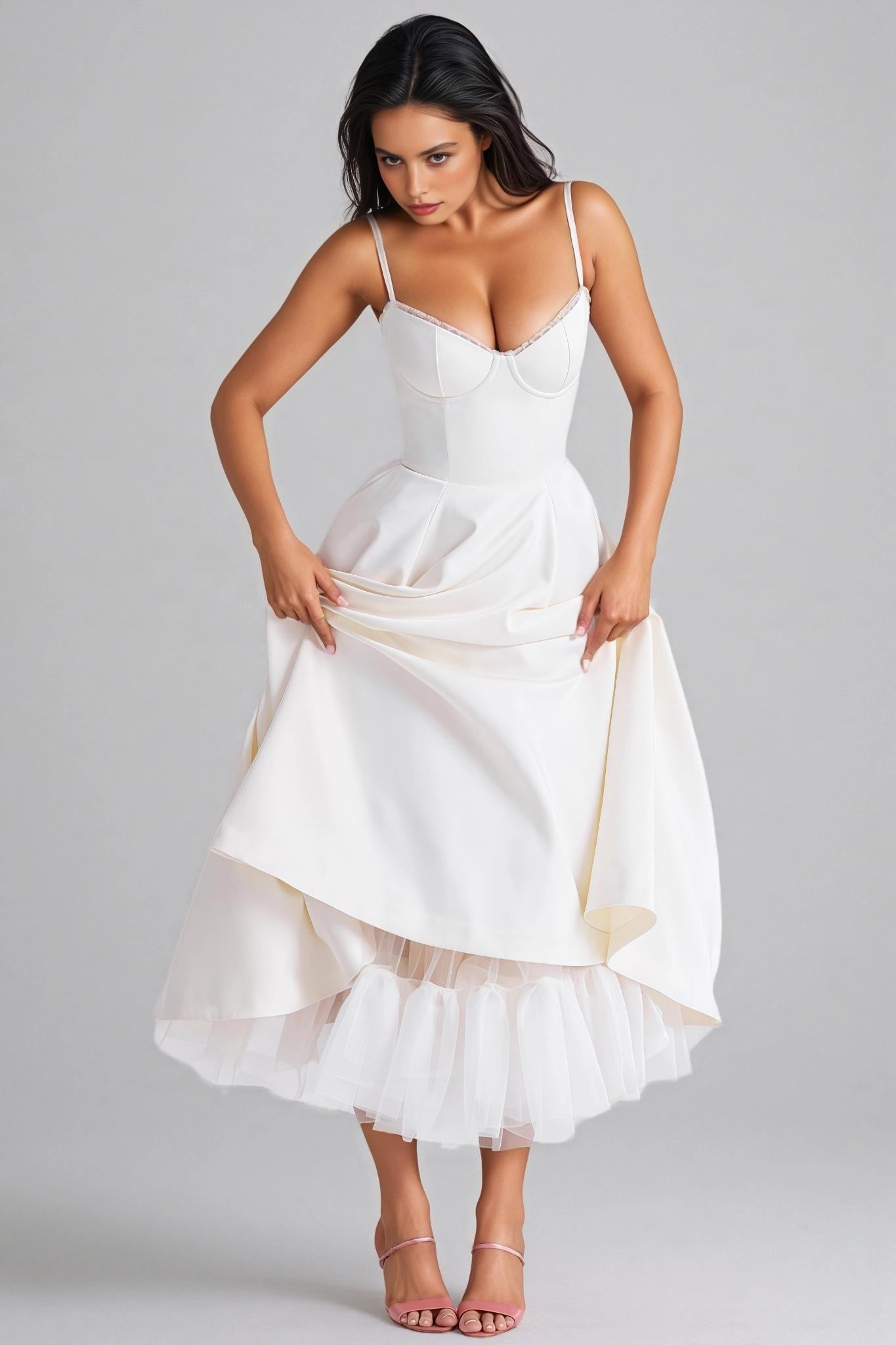 A-Line Sweetheart Neck Satin Midi Evening Dress With Tulle