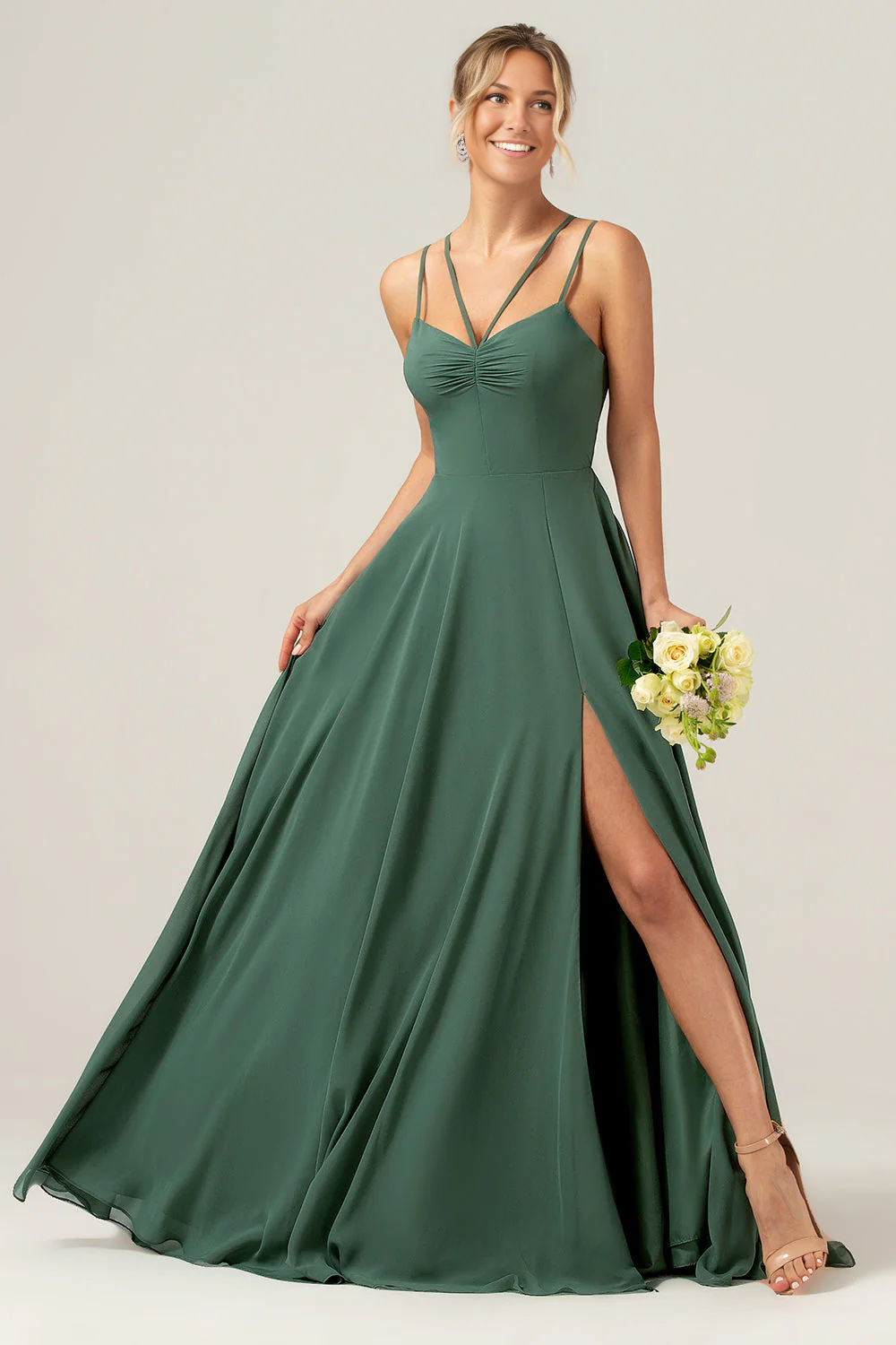 A-Line Sweetheart Spaghetti-Strap Chiffon Floor-Length Slit Lace-Up Bridesmaid Dress