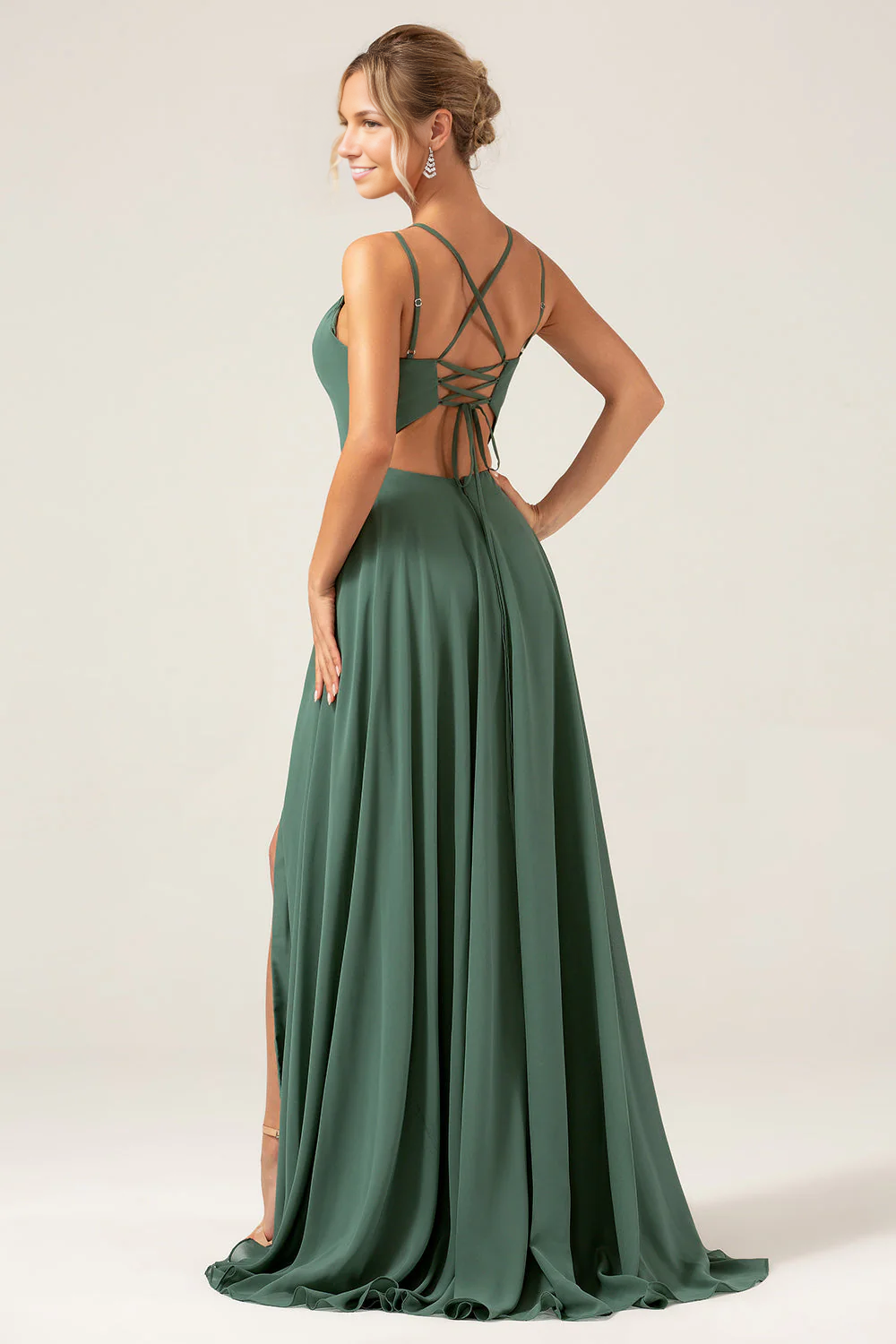 A-Line Sweetheart Spaghetti-Strap Chiffon Floor-Length Slit Lace-Up Bridesmaid Dress