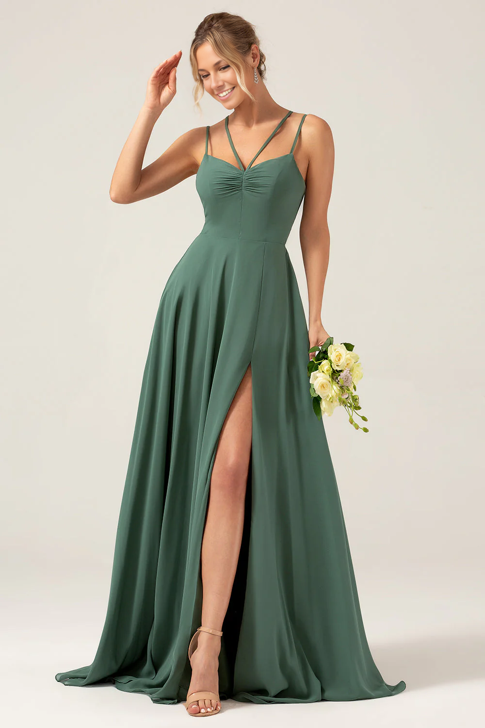 A-Line Sweetheart Spaghetti-Strap Chiffon Floor-Length Slit Lace-Up Bridesmaid Dress