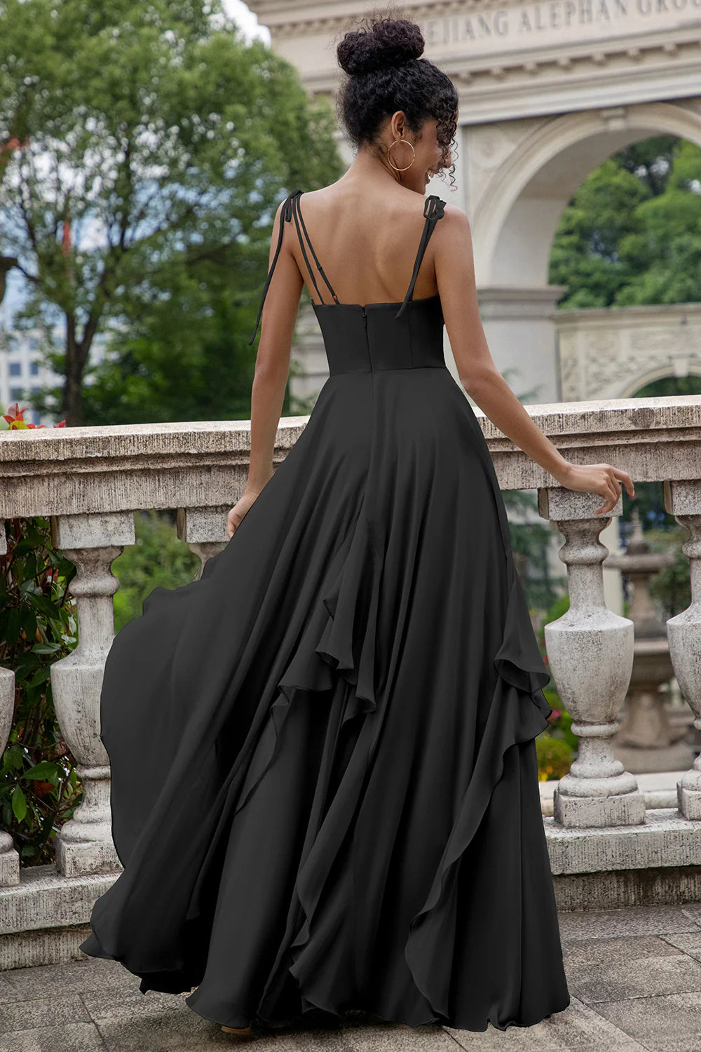 Flowy A-Line Sweetheart Spaghetti-Strap Chiffon Floor-Length Tie-Strap Ruffle Bridesmaid Dress