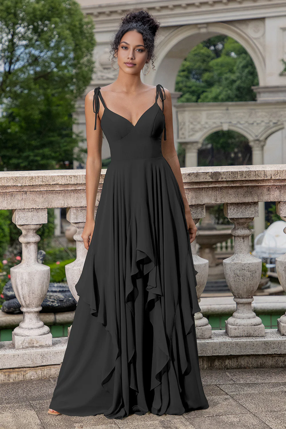 Flowy A-Line Sweetheart Spaghetti-Strap Chiffon Floor-Length Tie-Strap Ruffle Bridesmaid Dress