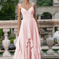 Flowy A-Line Sweetheart Spaghetti-Strap Chiffon Floor-Length Tie-Strap Ruffle Bridesmaid Dress