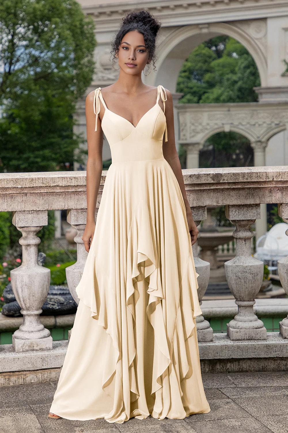 Flowy A-Line Sweetheart Spaghetti-Strap Chiffon Floor-Length Tie-Strap Ruffle Bridesmaid Dress