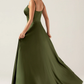 A-Line Sweetheart Spaghetti-Strap Satin Floor-Length Button-Slit Bridesmaid Dress