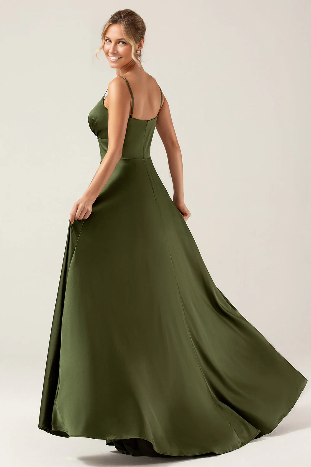 A-Line Sweetheart Spaghetti-Strap Satin Floor-Length Button-Slit Bridesmaid Dress