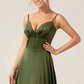 A-Line Sweetheart Spaghetti-Strap Satin Floor-Length Button-Slit Bridesmaid Dress