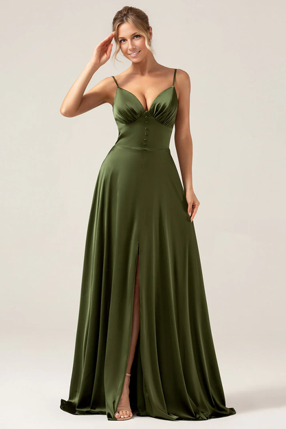 A-Line Sweetheart Spaghetti-Strap Satin Floor-Length Button-Slit Bridesmaid Dress