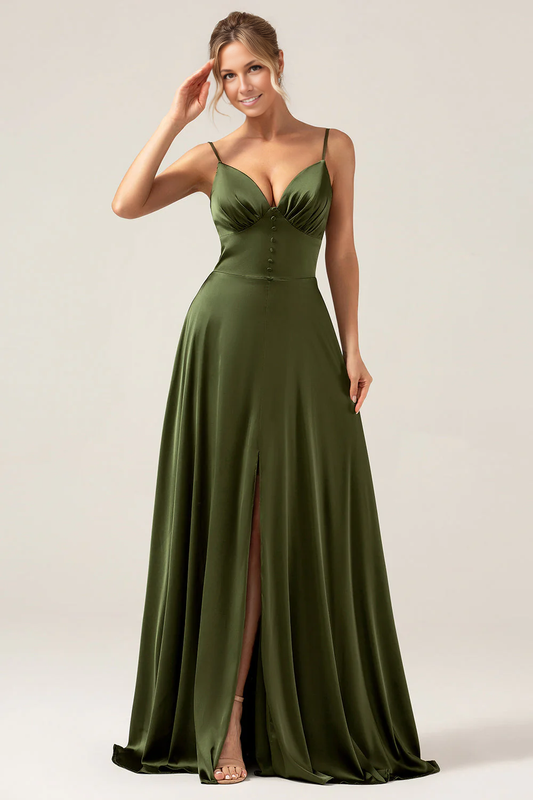 A-Line Sweetheart Spaghetti-Strap Satin Floor-Length Button-Slit Bridesmaid Dress