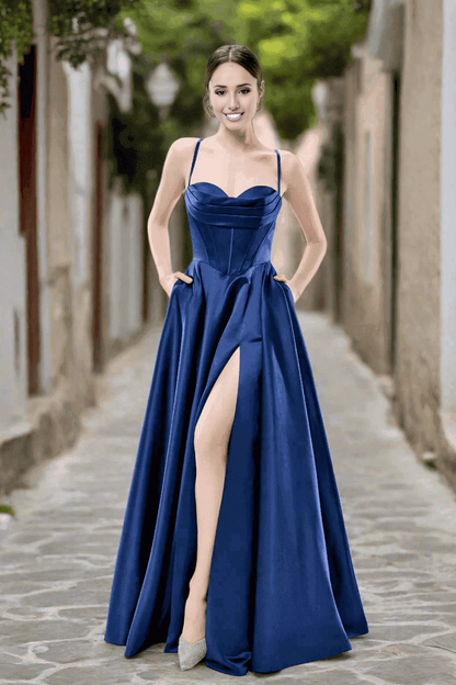 A-Line Sweetheart Spaghetti-Strap Satin Slit Lace-Up-Back Maxi Formal Prom Dress