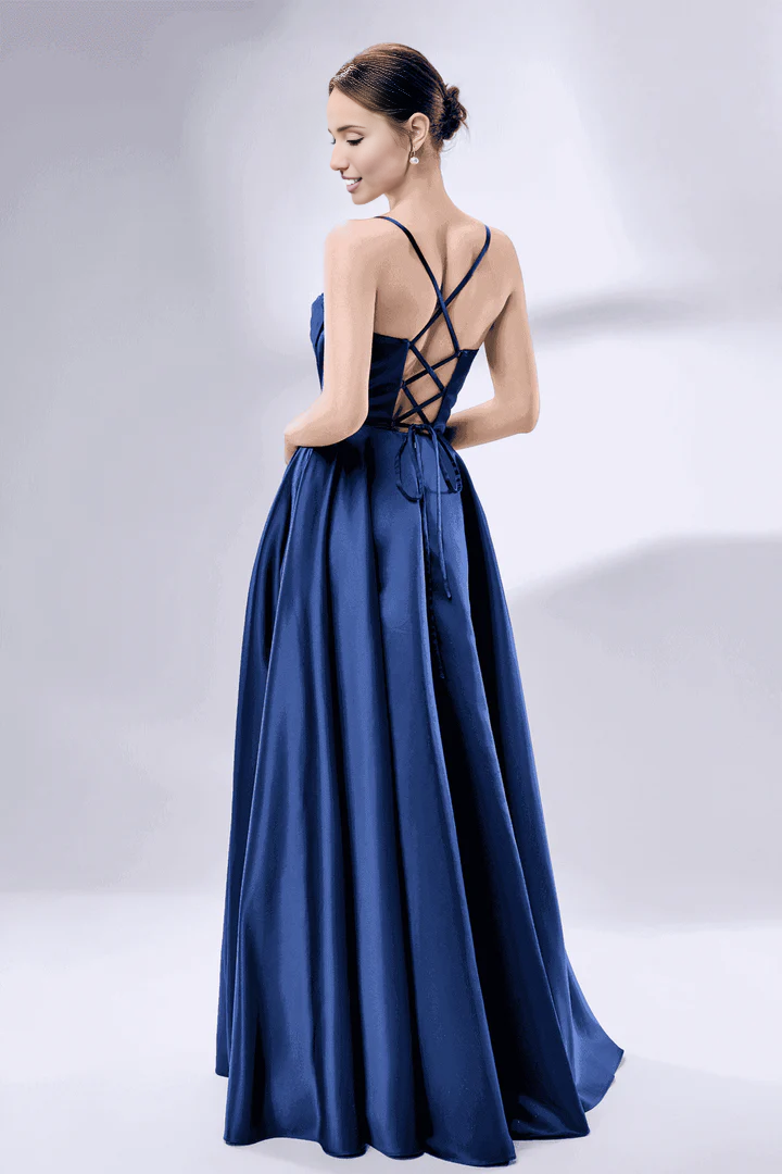 A-Line Sweetheart Spaghetti-Strap Satin Slit Lace-Up-Back Maxi Formal Prom Dress
