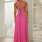 A-line Halter Sleeveless Chiffon Midi Corset Lace-Up Bridesmaid Dress