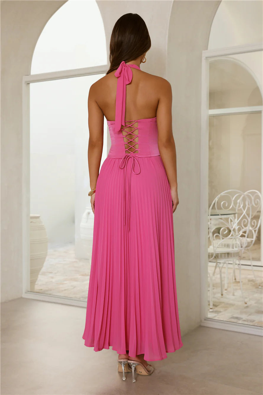 A-line Halter Sleeveless Chiffon Midi Corset Lace-Up Bridesmaid Dress