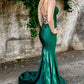 Allover Rhinestone Spaghetti Strap Deep V Neck Lace-Up Back Satin Mermaid Sweep Train Prom Evening Gown