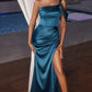 Asymmetrical Mermaid One Shoulder Short Sleeve Satin Long Prom Dress with Slit