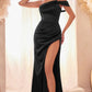 Asymmetrical Mermaid One Shoulder Short Sleeve Satin Long Prom Dress with Slit